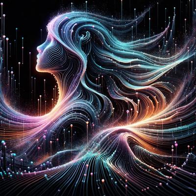 The primary subject of the image is a woman with long hair, depicted in a digital art style. She is surrounded by a vibrant and colorful environment, with a mix of blue, purple, and orange hues. The setting includes a backdrop of a starry night, adding to the overall atmosphere of the scene. The visual style of the image is a combination of digital art and illustration, creating a unique and captivating representation of the woman's hair.